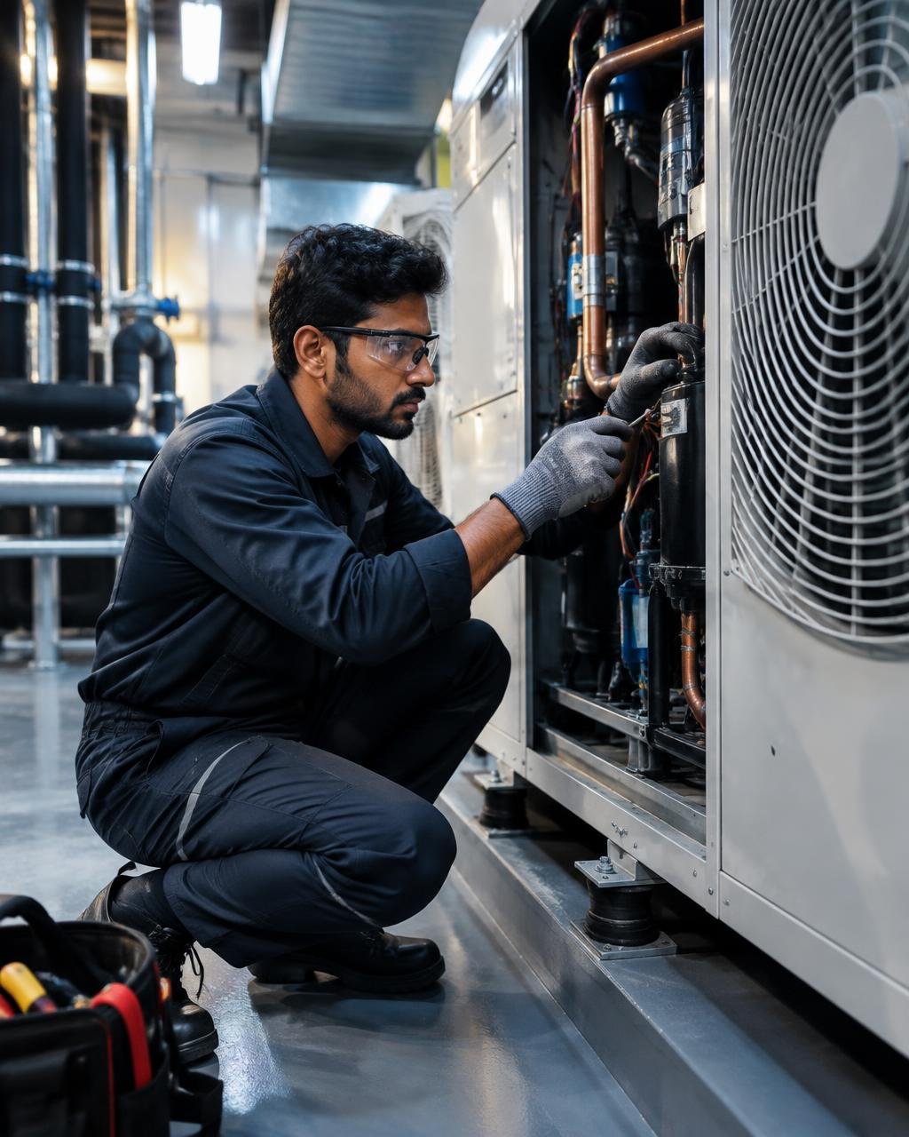Maintenance technician preparing tools and facility supplies