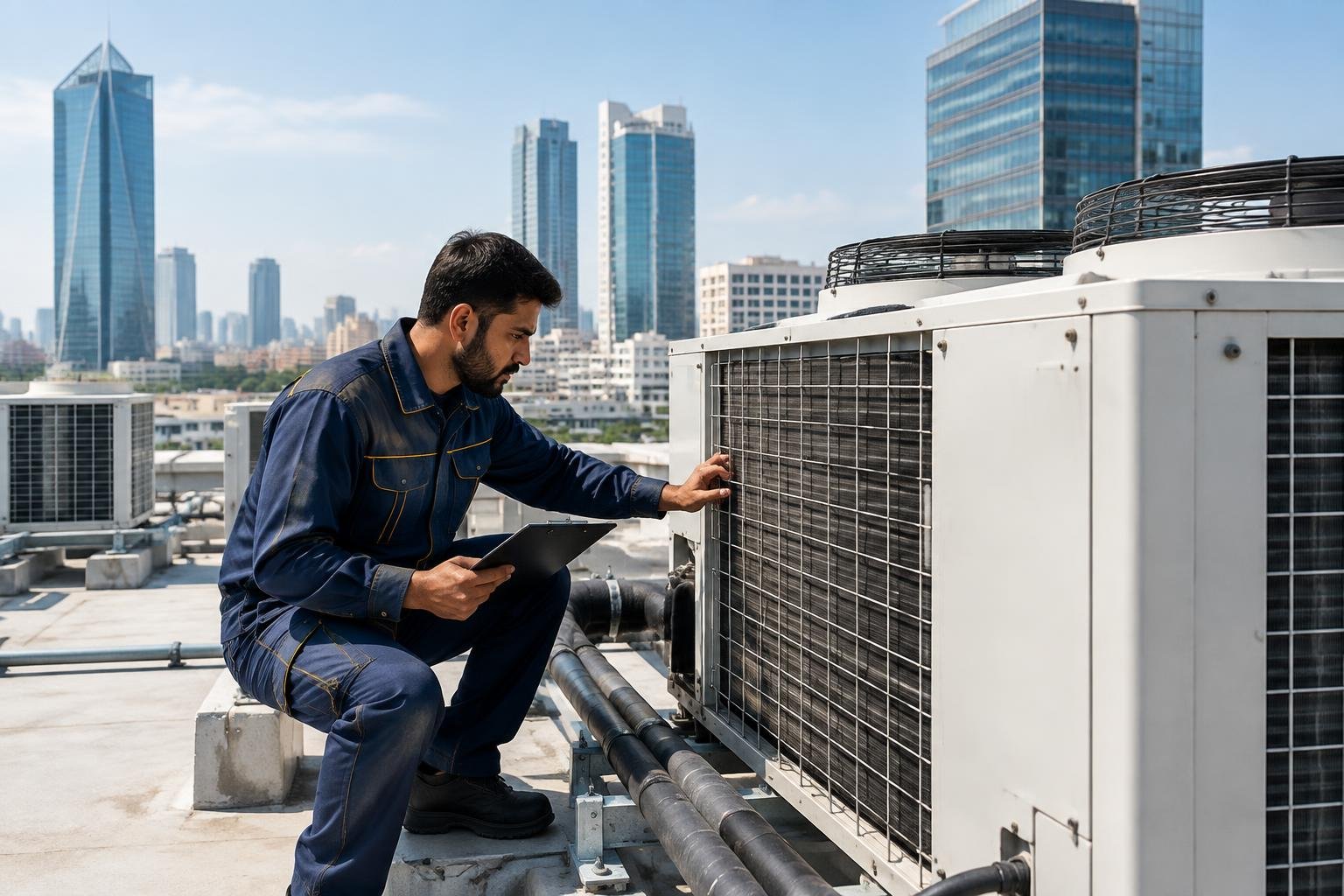 HVAC technician inspecting commercial equipment