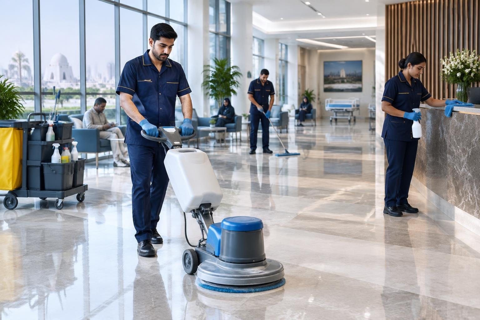 Professional housekeeping team maintaining a hospital lobby
