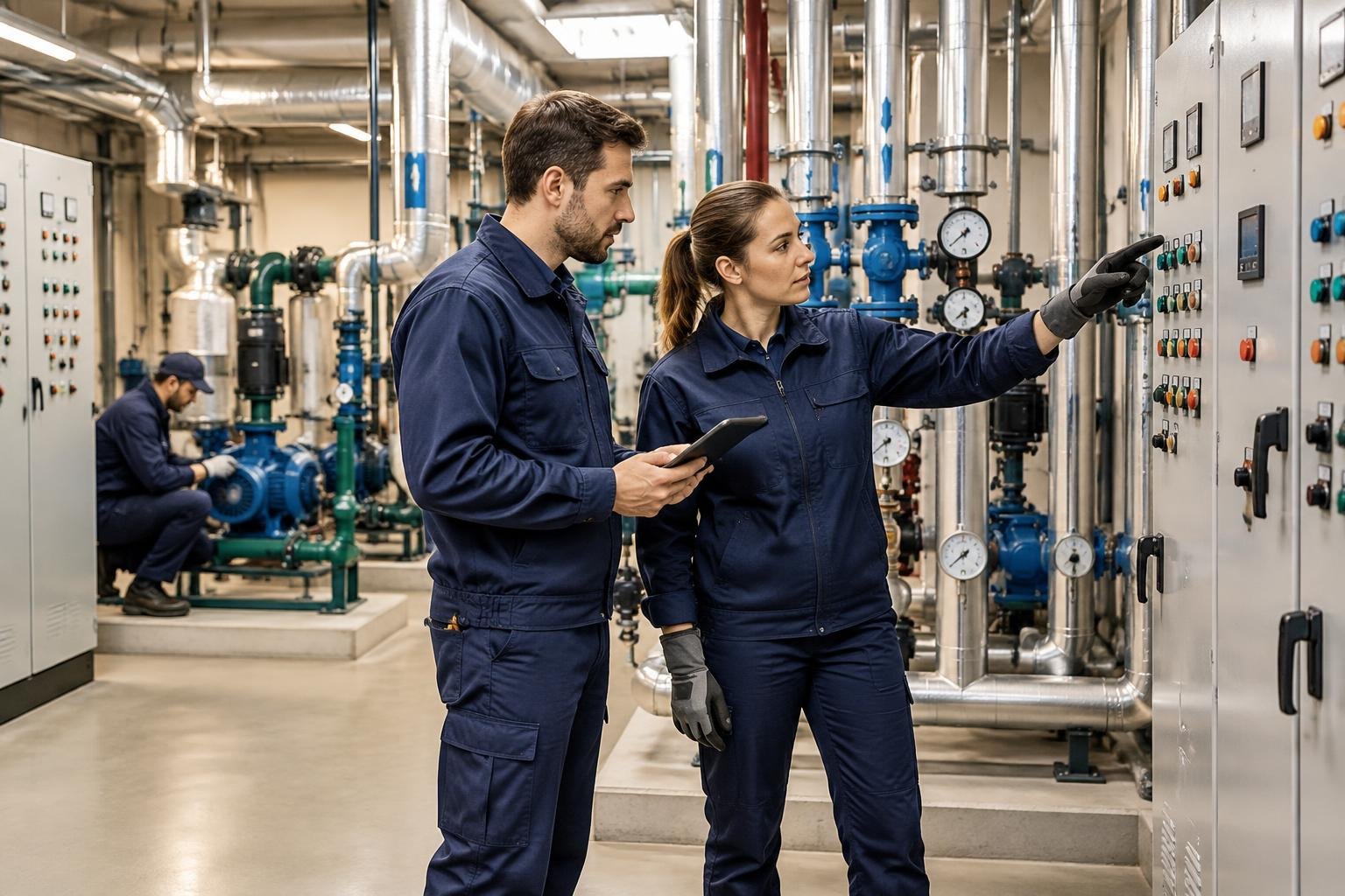 Technical maintenance team inspecting facility equipment